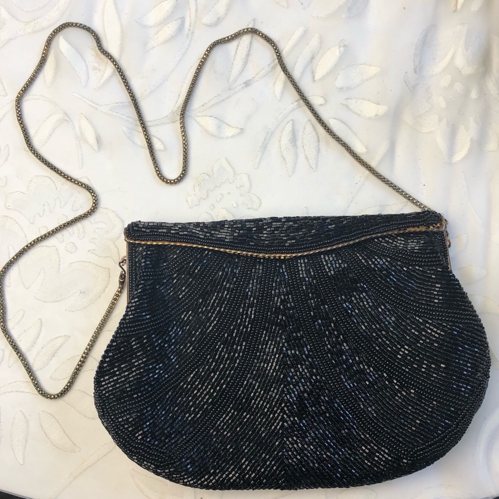 Vintage Andre Cellini Beaded, Black Purse- wonderful clasp closure